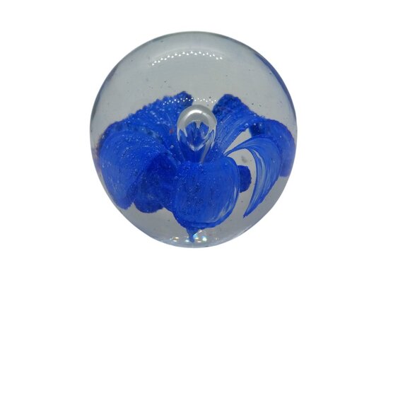 Handcrafted Glass Paperweight Vibrant Cobalt Blue Floral Design Art Glass Vtg - Picture 2 of 6